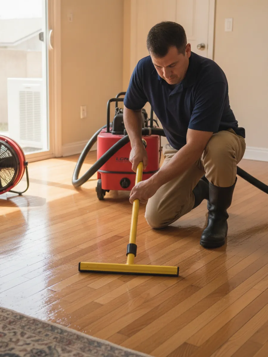 Water damage restoration technician extracting water in a Canyon Country home