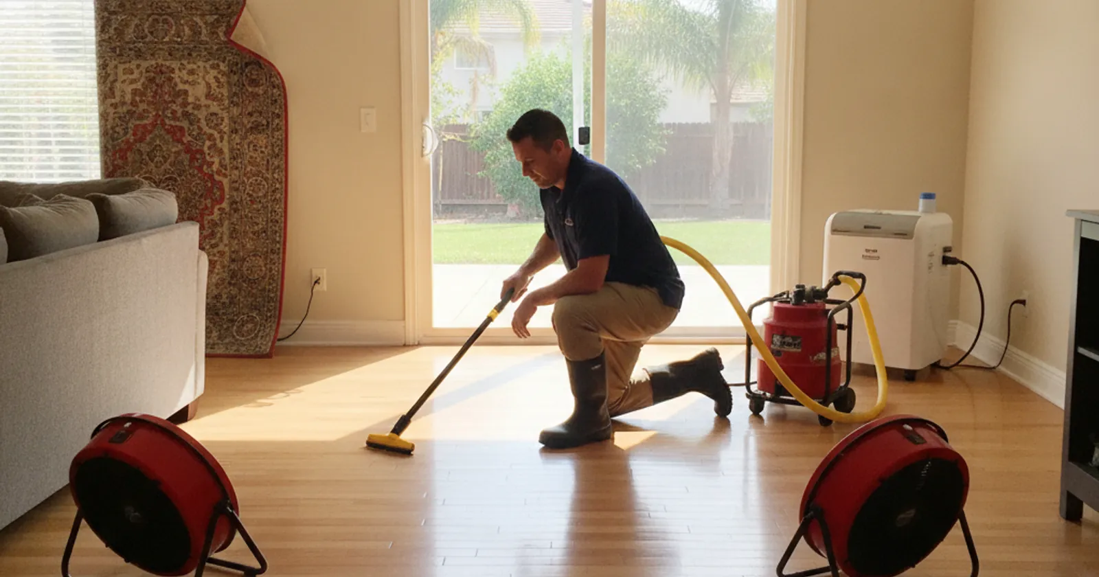 Water damage restoration technician extracting water in a Canyon Country home