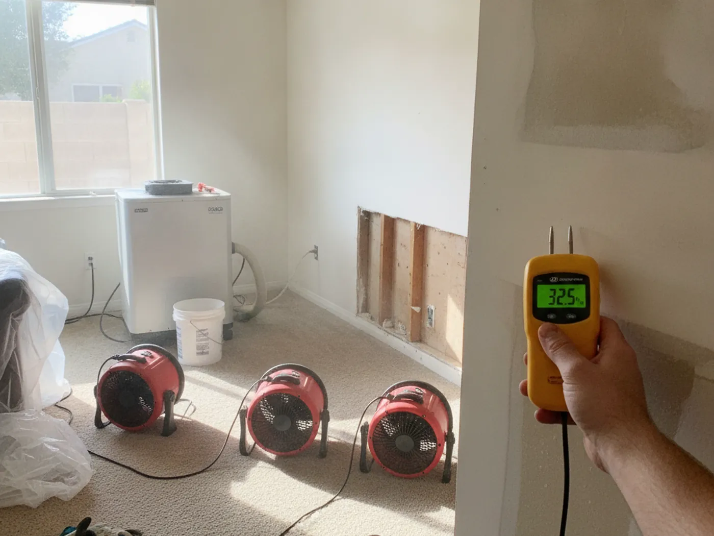 Commercial air movers and a dehumidifier drying a water-damaged Canyon Country room